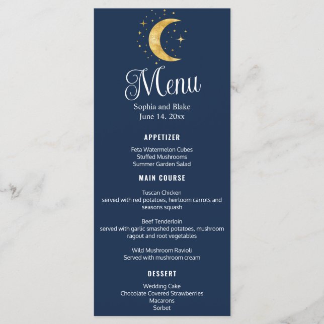 Crescent Måne Starry Night Navy Bröllop Flat Menu Meny (Framsida)
