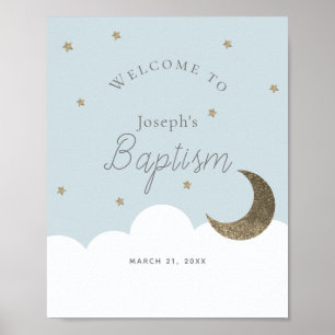 Crescent Måne Stars Blue Boy Baptism Välkomstecken Poster
