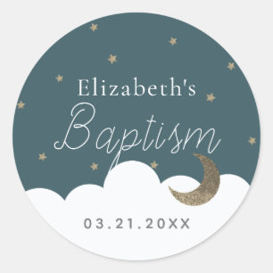 Crescent Måne & Stars Navy Blue Baptism Runt Klistermärke