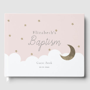 Crescent Måne & Stars Rosa Girl Girl Baptism Guest Gästböcker