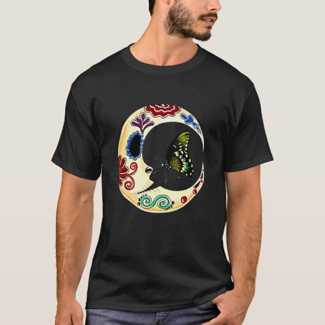 Crescent Måne Sugar Skull Dia de Los Muertos Day O T Shirt (Framsida)
