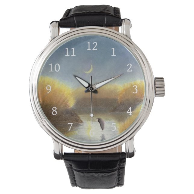 Crescent Måne Underbar Blue Heron Marsh Watch Armbandsur (Framsida)