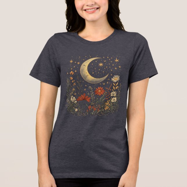Crescent Måne & WIldblomma Starry Night T Shirt (Framsida)
