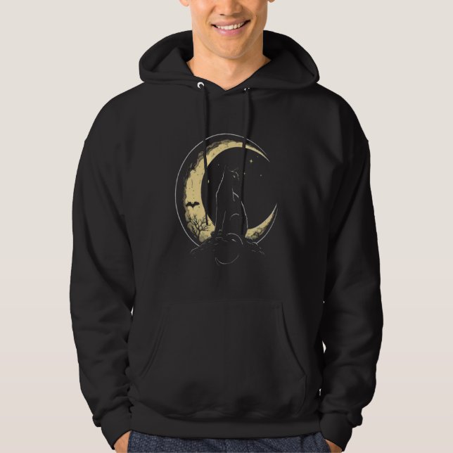 Crescent Moon Cat Kitten Astronomy Creepy Night Hoodie (Framsida)