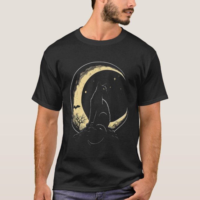 Crescent Moon Cat Kitten Astronomy Creepy Night T Shirt (Framsida)