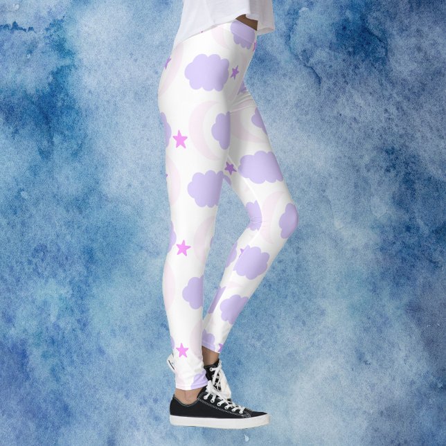 Crescent Moon Clouds Stars Pattern Pink Purple Leggings (A pair of leggings with clouds, moons and stars done in pink and purple)