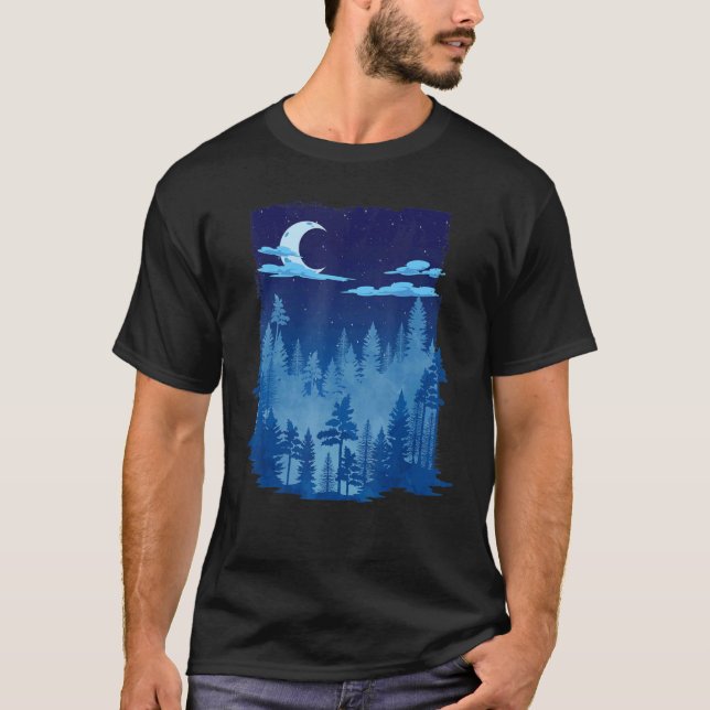 Crescent Moon Outdoor Forest Trees Moonlight Natur T Shirt (Framsida)