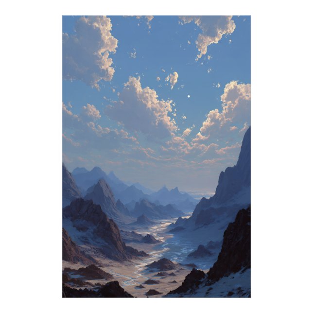 Crescent Moon Over Misty Mountain Valley Fototryck (Framsidan)