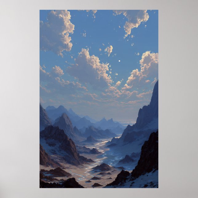 Crescent Moon Over Misty Mountain Valley Poster (Framsidan)