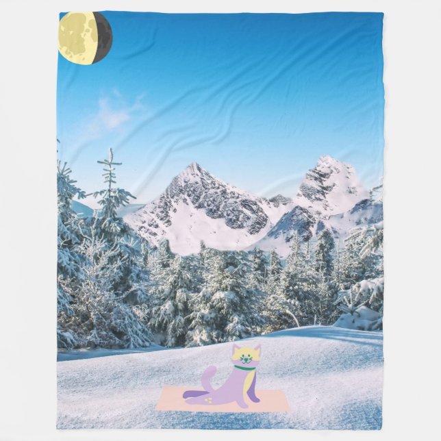 Crescent Moon Yoga Cat in the Snowy Mountains Fleecefilt (Framsidan)
