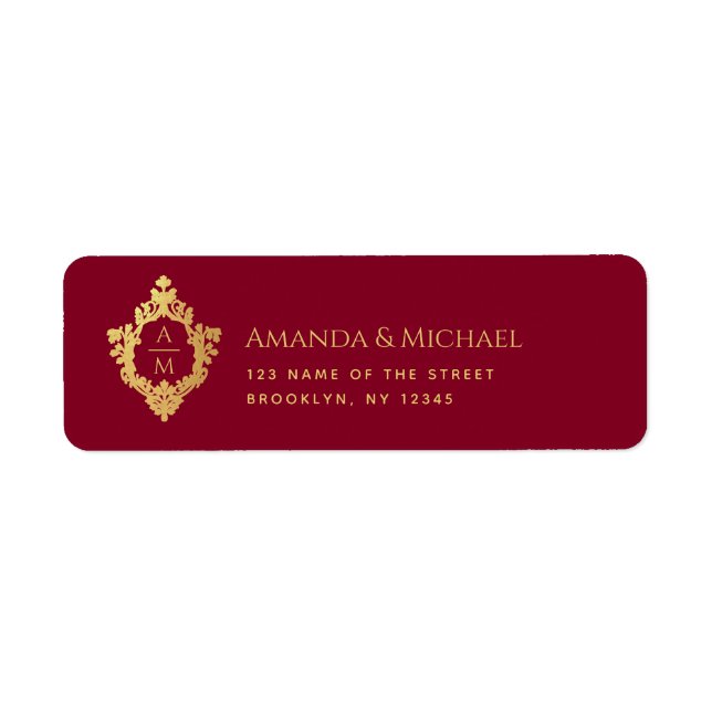 Crest Burgundisk Falskt Guld Elegant Bröllopsmonog Returadress Etikett (Framsidan)