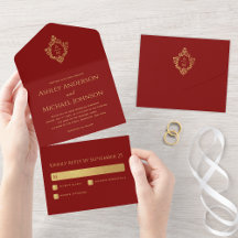 Crest Burgundy Falskt Guld Elegant Bröllopsmonogra