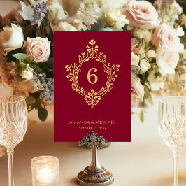 Crest Burgundy Falskt Guld Vintage Elegant Bröllop Bordsnummer
