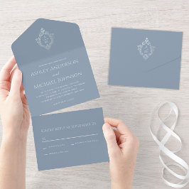 Crest Dusty Blue Vintage Bröllopsmonogram och RSVP