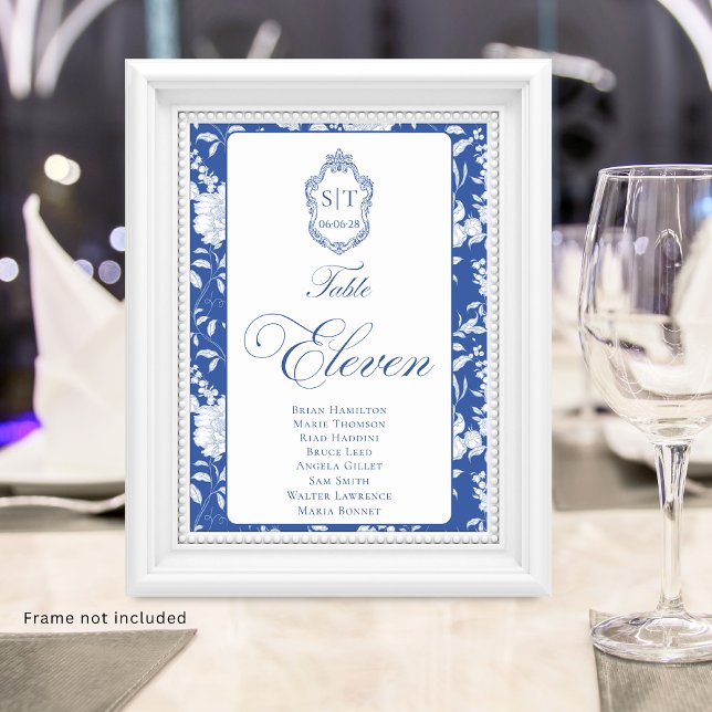 Crest Monogram Blå Blommig Script Elva 8 Namn Bordsnummer (Skapare uppladdad)