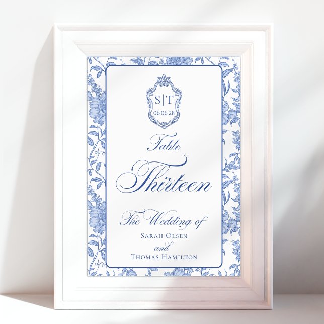 Crest Monogram Blå Blommig Script Tretton Bordsnummer (Skapare uppladdad)