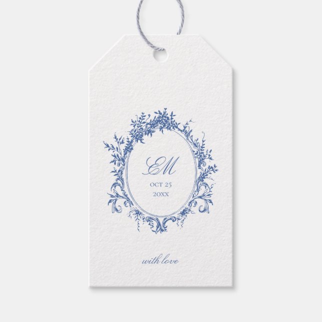 Crest Monogram Blå Chinoiserie Bröllopslogo Presentetikett (Framsidan)