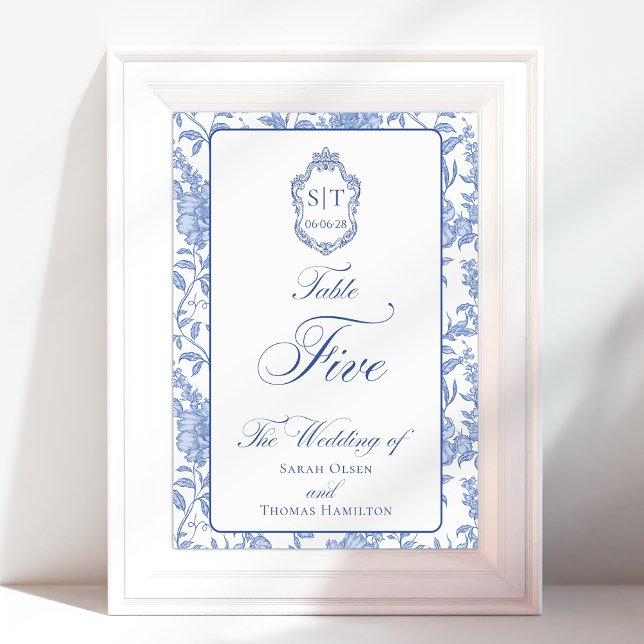 Crest Monogram Blue Floral Script Five Bordsnummer (Skapare uppladdad)