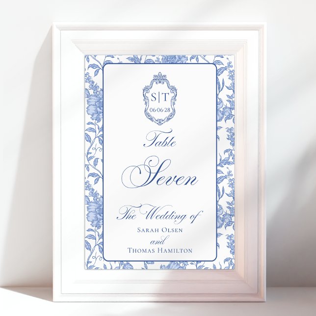 Crest Monogram Blue Floral Script Seven Bordsnummer (Skapare uppladdad)