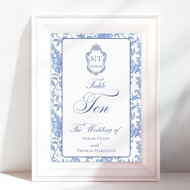 Crest Monogram Blue Floral Script TEN Bordsnummer (Skapare uppladdad)