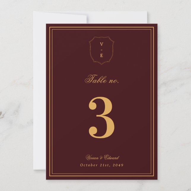 Crest Monogram Burgundy Gold Wedding Table Number Inbjudningar (Framsida)