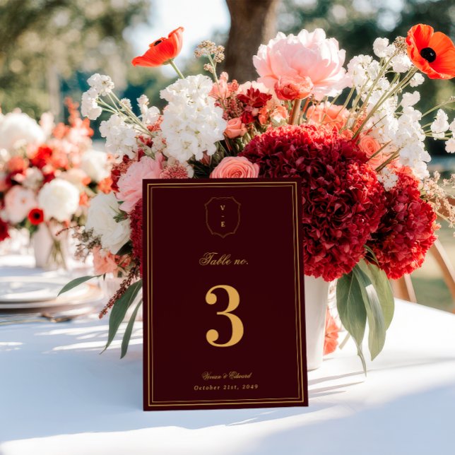 Crest Monogram Burgundy Gold Wedding Table Number Inbjudningar (Skapare uppladdad)