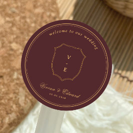 Crest Monogram Burgundy & Gold Wedding Welcome Runt Klistermärke