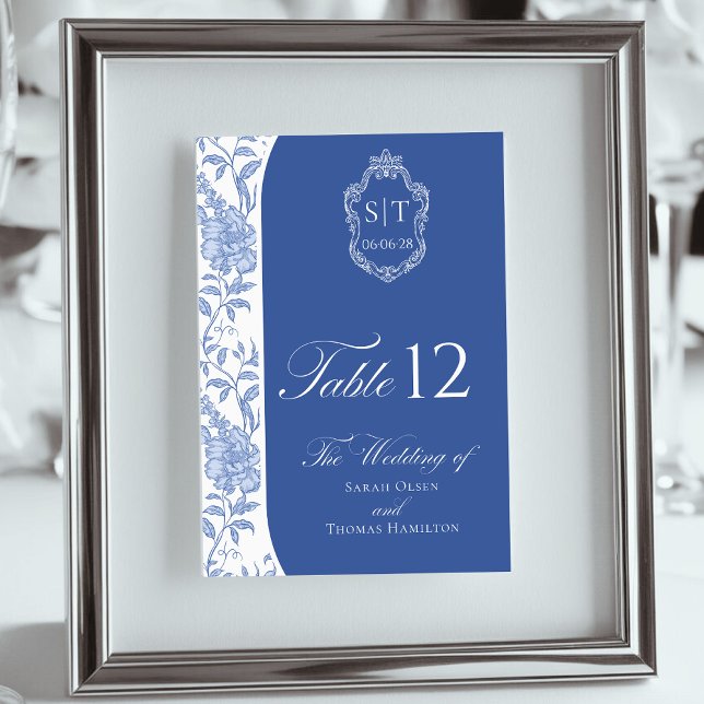 Crest Monogram Delft Blue Floral Script Bordsnummer (Skapare uppladdad)