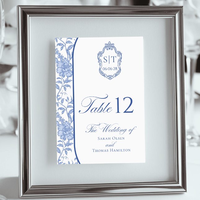 Crest Monogram Delft Blue Floral Script Bordsnummer (Skapare uppladdad)