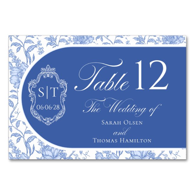 Crest Monogram Delft Blue Floral Script Bordsnummer (Framsidan)