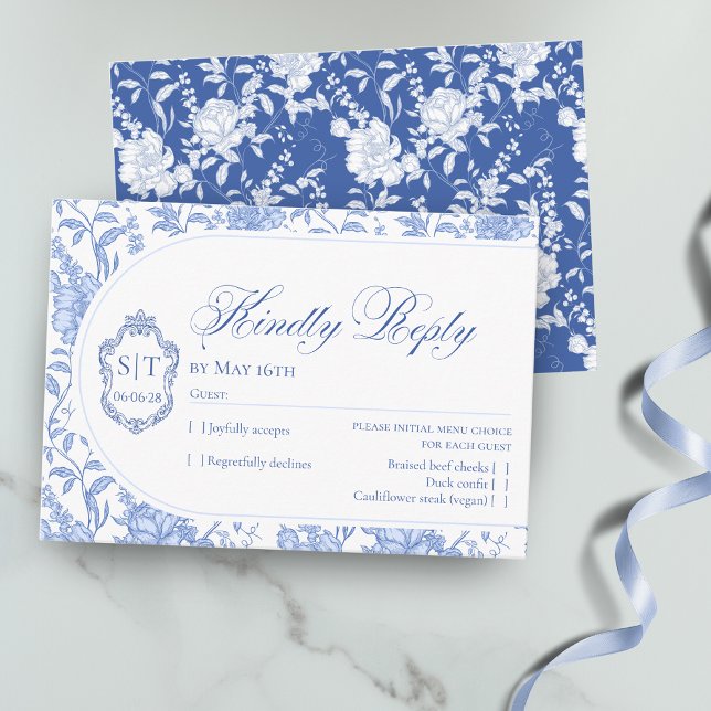 Crest Monogram Delft Blue Floral Script OSA Kort (Skapare uppladdad)