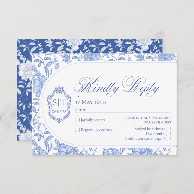Crest Monogram Delft Blue Floral Script OSA Kort (Fram/baksida)