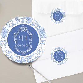 Crest Monogram Delft Blue Floral Wedding Runt Klistermärke