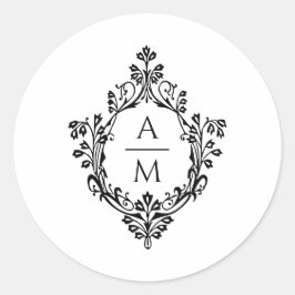 Crest Monogram Elegant Svart och Vitt Bröllop Runt Klistermärke