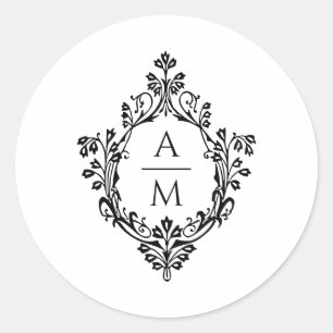 Crest Monogram Elegant Svart och Vitt Bröllop Runt Klistermärke
