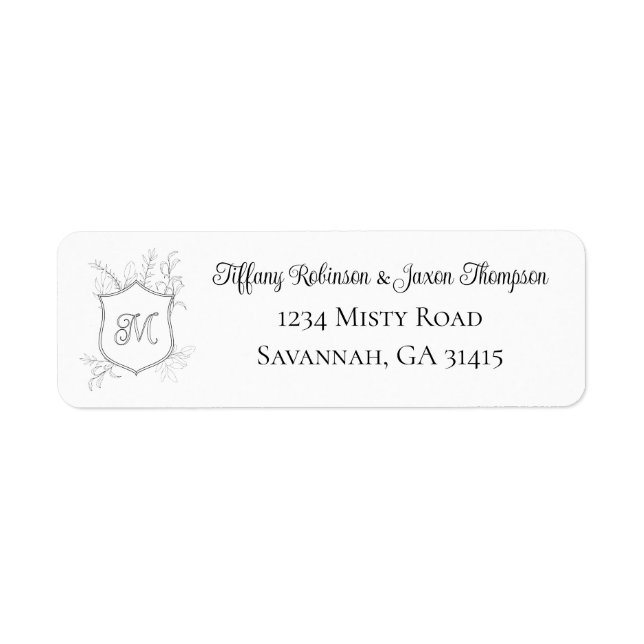 Crest Monogram Foliage Black and White Address Returadress Etikett (Framsidan)