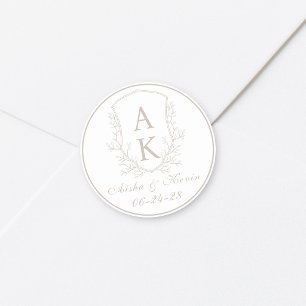 Crest Monogram Ljust Beige Bröllop Runt Klistermärke