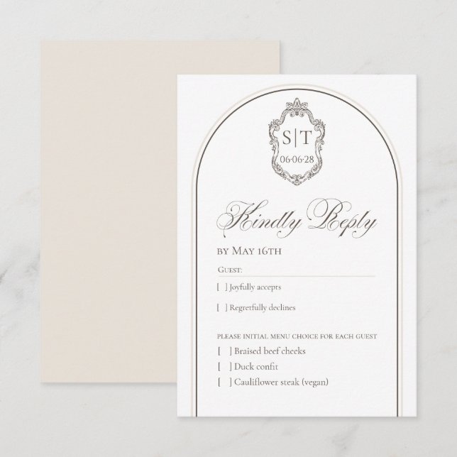 Crest Monogram Mokka och Cream Bröllop RSVP-kort OSA Kort (Fram/baksida)