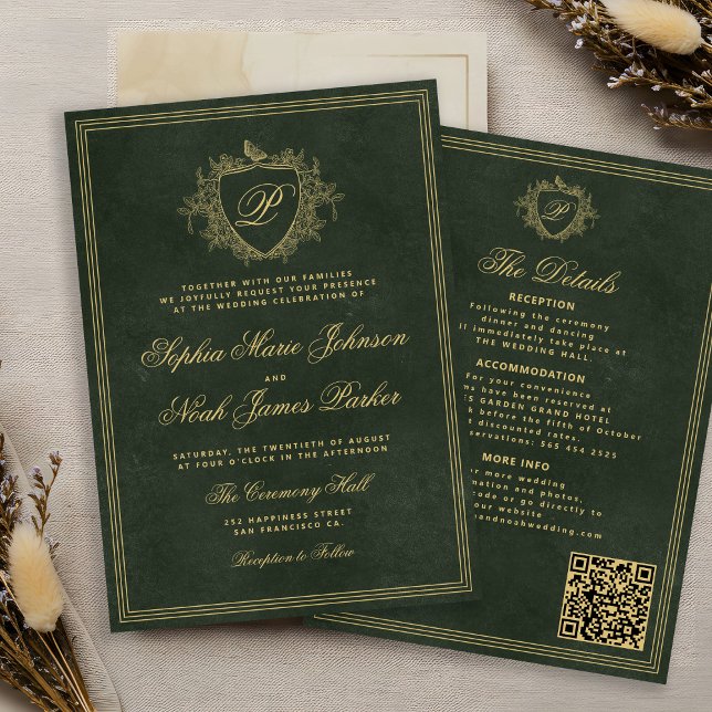 Crest monogram QR code emerald green gold wedding Inbjudningar (Skapare uppladdad)