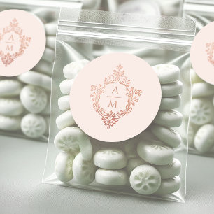 Crest Monogram Rose Gold Blush Vintage Bröllop Runt Klistermärke
