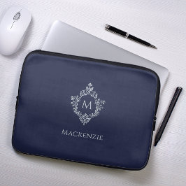 Crest Navyblå Vintage Elegant Monogram och Namn Laptop Fodral
