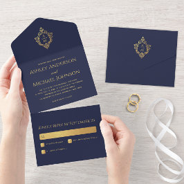 Crest Navyblått Falskt Guld Elegant Bröllopsmonogr
