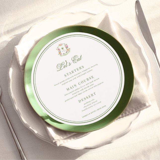 Crest Palm Tree Monogram Lets Eat Round Wedding Meny (Skapare uppladdad)