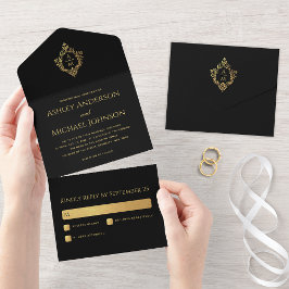 Crest Svart Falskt Guld Elegant Bröllopsmonogram