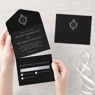 Crest Svart Vintage Bröllopsmonogram och RSVP
