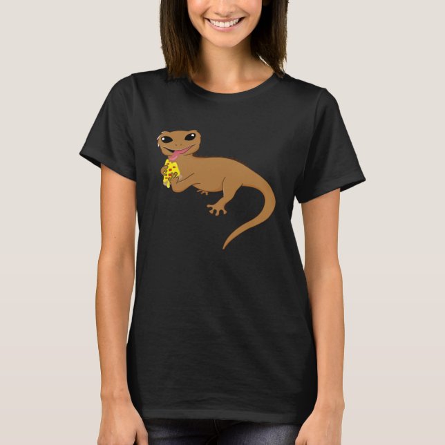 Crested Geckos Cute Reptile Eating Pizza Lizard T Shirt (Framsida)