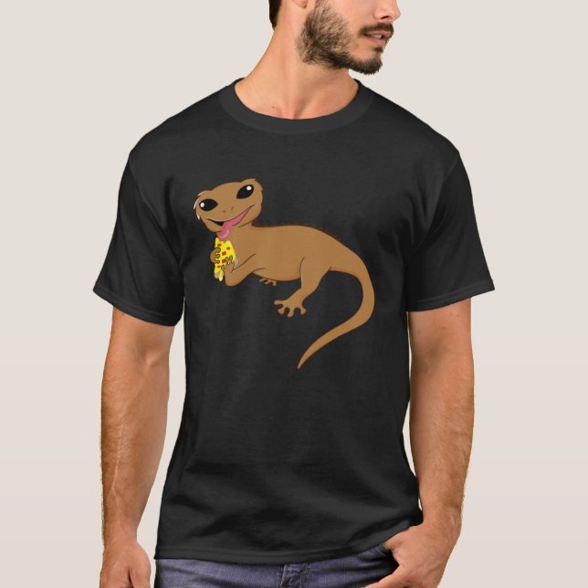 Crested Geckos Cute Reptile Eating Pizza Lizard T Shirt (Framsida)