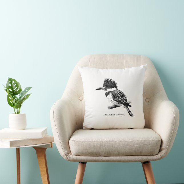 Crested Kingfisher Monochrome Throw Pillow Kudde (Stol)