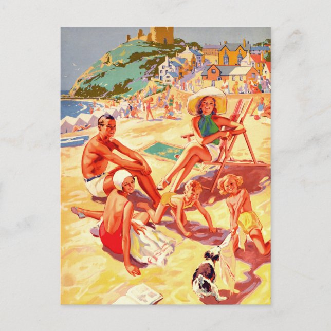 Criccieth-stranden, Wales, familj, semester, vinta Vykort (Framsida)