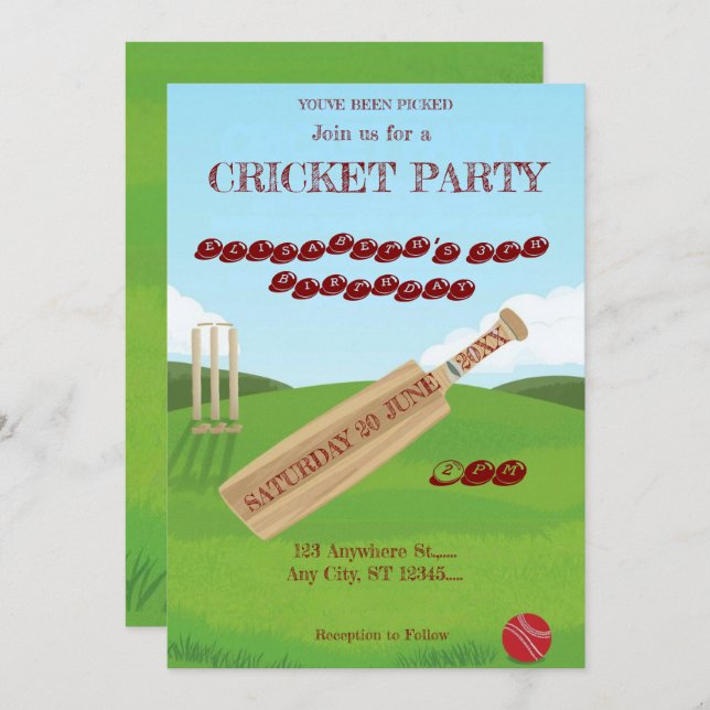 Cricket Birthday Party Sports Invitation Inbjudningar (Fram/baksida)